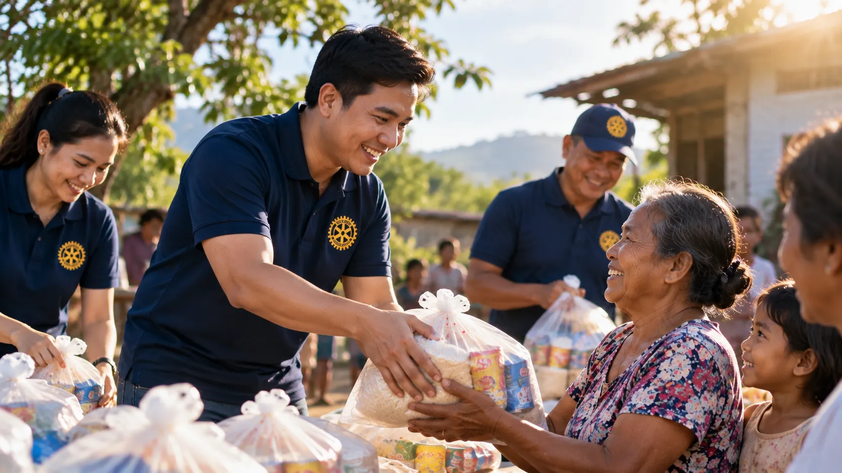 Rotary Club of Mabalacat Clark members handing relief packs to community members at golden hour